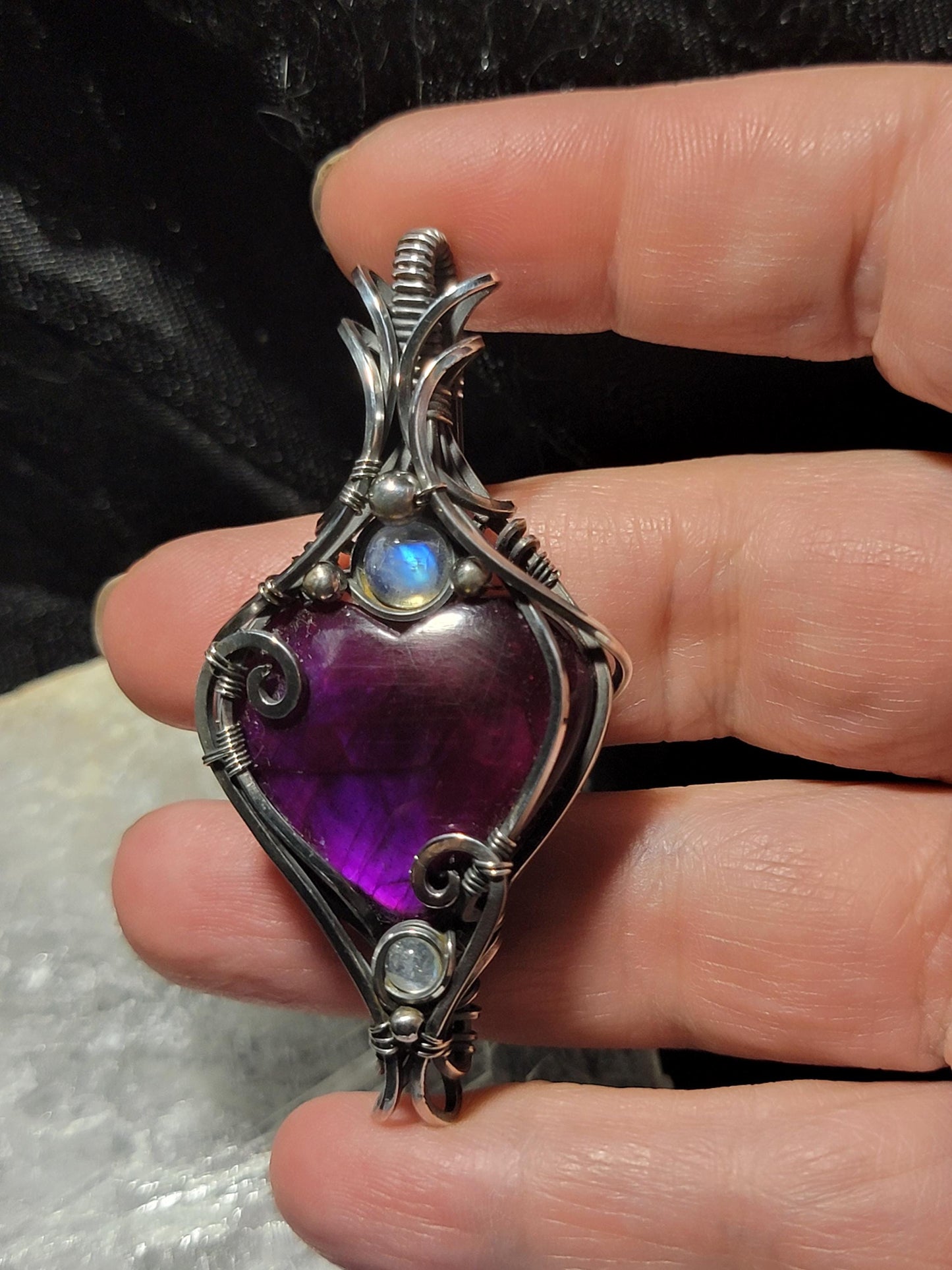 Dyed Pink Labradorite Heart w/ Rainbow Moonstone in Antiqued Silver