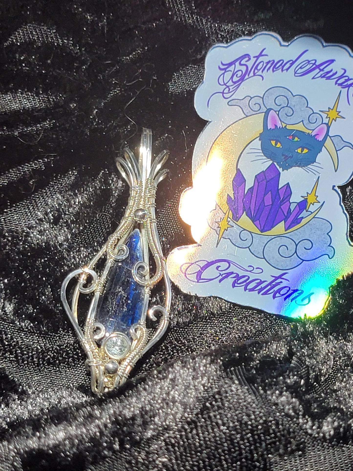 Blue Kyanite with Sky Blue Topaz in Sterling Silver Wire Wrapped Pendant