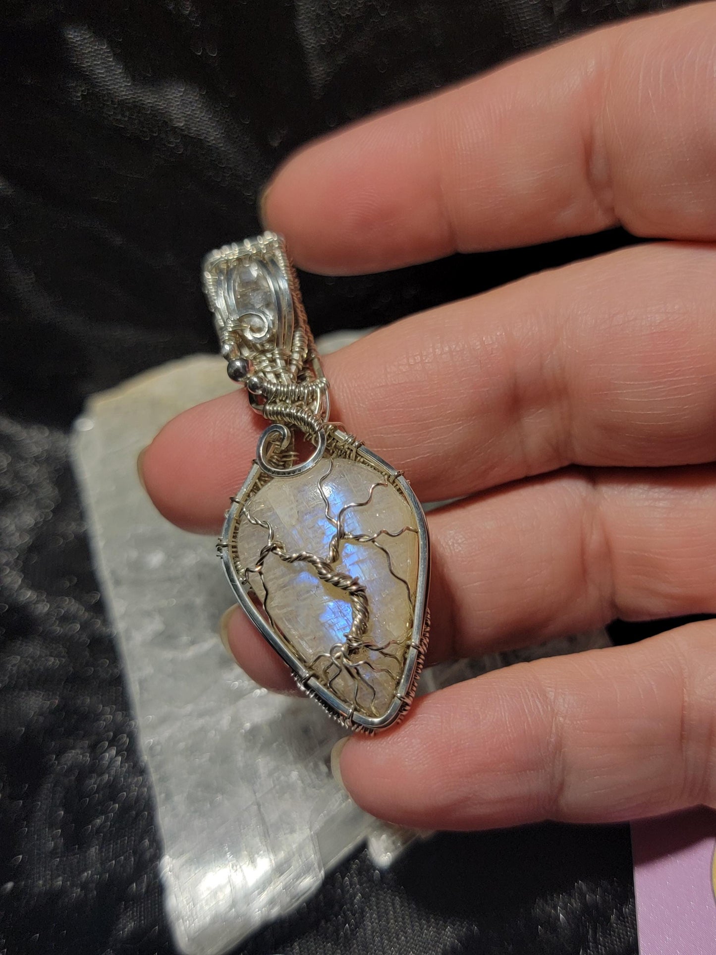 Flashy Belomorite w/Clear Quartz in Sterling Silver Tree Pendant