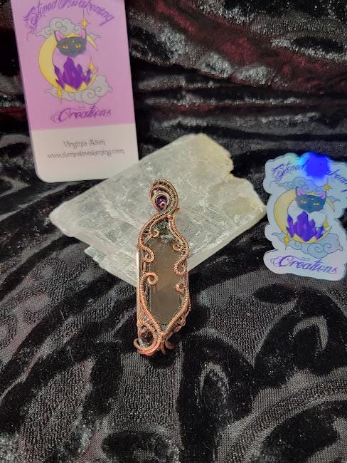Divine Intuition Talisman - Raw Smoky Quartz Point w/ Genuine Rough Moldavite Chunk & Smooth Amethyst in Antiqued Copper Pendant