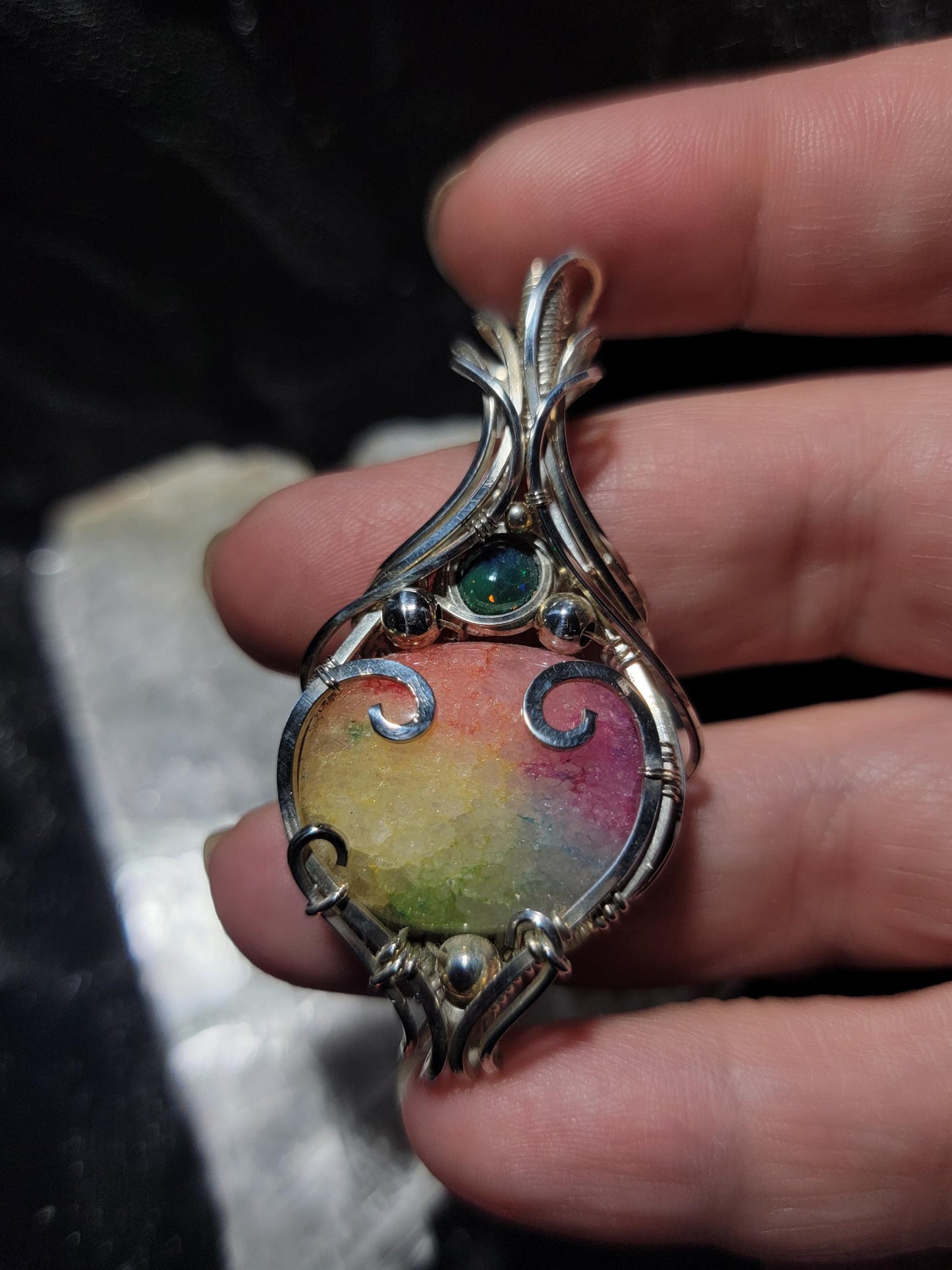 Rainbow Dyed Solar Quartz w/ Smoked Ethiopian Opal in Sterling Silver