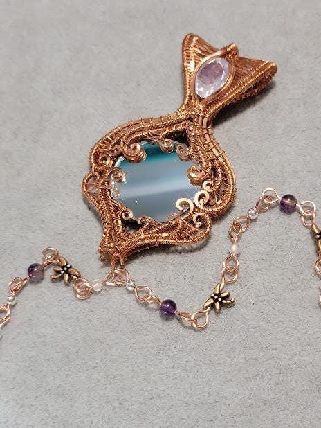 Wire Wrapped Mirror Pendant with Lavender Moon Quartz in Raw Copper with Handmade Amethyst & Moonstone Copper Chain - Double Sided Pendant