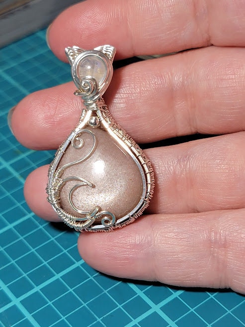 Peach Moonstone w/ Rainbow Moonstone in Sterling Silver