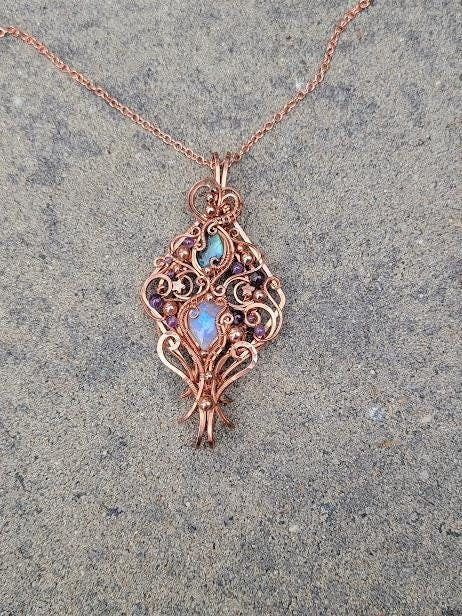 Double Bailed Moonstone and Labradorite Wire Wrapped Copper Pendant with Amethyst Accent Beads