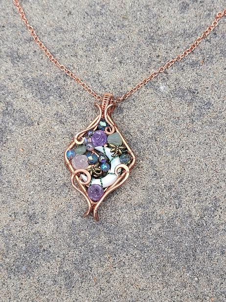 Mother of Pearl Crescent Moon w/ Assorted Glass Beads and Amethyst & Rose Quartz Roses in Untreated Raw Coppper