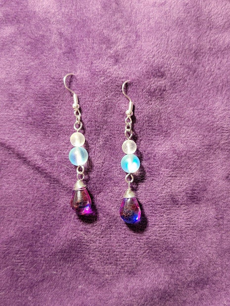 Dangly Aura Glass and Silver Plated Copper Earrings