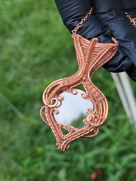 Wire Wrapped Mirror Pendant with Lavender Moon Quartz in Raw Copper with Handmade Amethyst & Moonstone Copper Chain - Double Sided Pendant