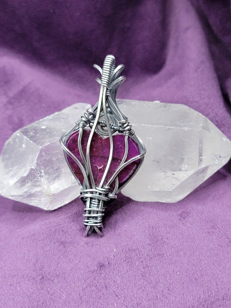 Dyed Pink Labradorite Heart w/ Rainbow Moonstone in Antiqued Silver
