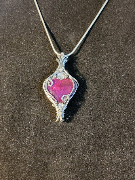 Dyed Pink Labradorite Heart w/ Rainbow Moonstone in Antiqued Silver