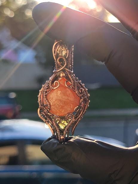 Sunstone w/ Moldavite & Libyan Desert Glass in Antiqued Copper Wire Wrapped Pendant Backed w/ Crescent Moon Detail