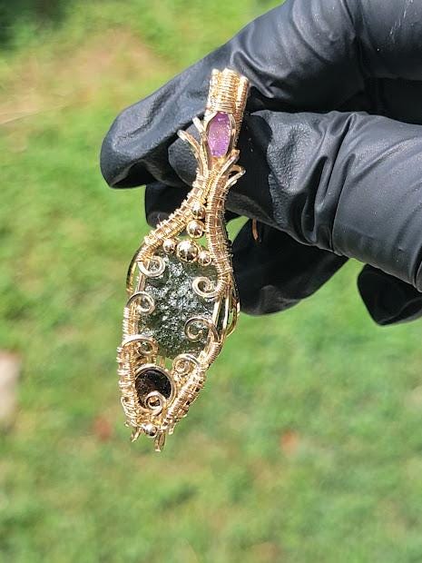 Genuine Rough Moldavite with Amethyst & Smoky Quartz Wrapped in 14k Gold Filled Wire Pendant Comes with 18" Chain