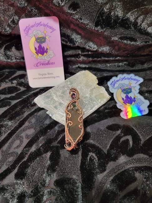 Divine Intuition Talisman - Raw Smoky Quartz Point w/ Genuine Rough Moldavite Chunk & Smooth Amethyst in Antiqued Copper Pendant