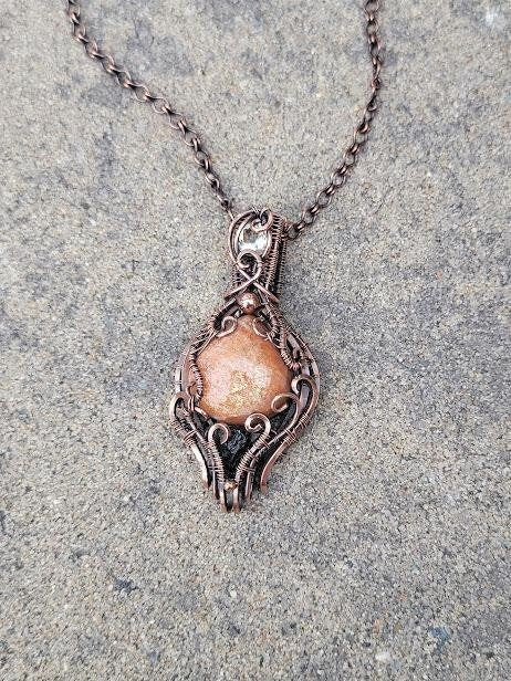 Sunstone w/ Moldavite & Libyan Desert Glass in Antiqued Copper Wire Wrapped Pendant Backed w/ Crescent Moon Detail