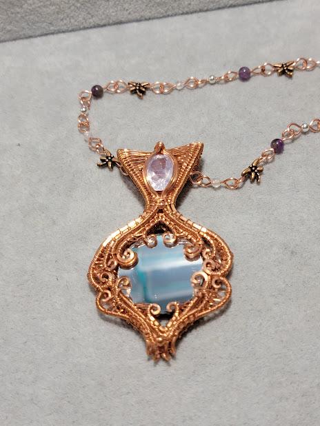 Wire Wrapped Mirror Pendant with Lavender Moon Quartz in Raw Copper with Handmade Amethyst & Moonstone Copper Chain - Double Sided Pendant