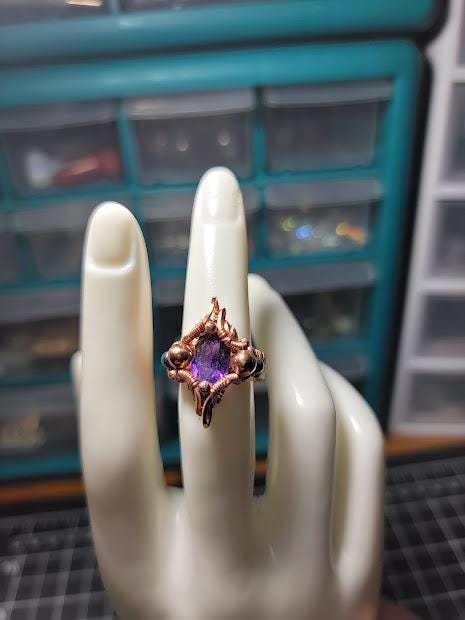 Amethyst in Wire Wrapped Copper Ring Band w/ Rainbow Hematite Sz. 6US