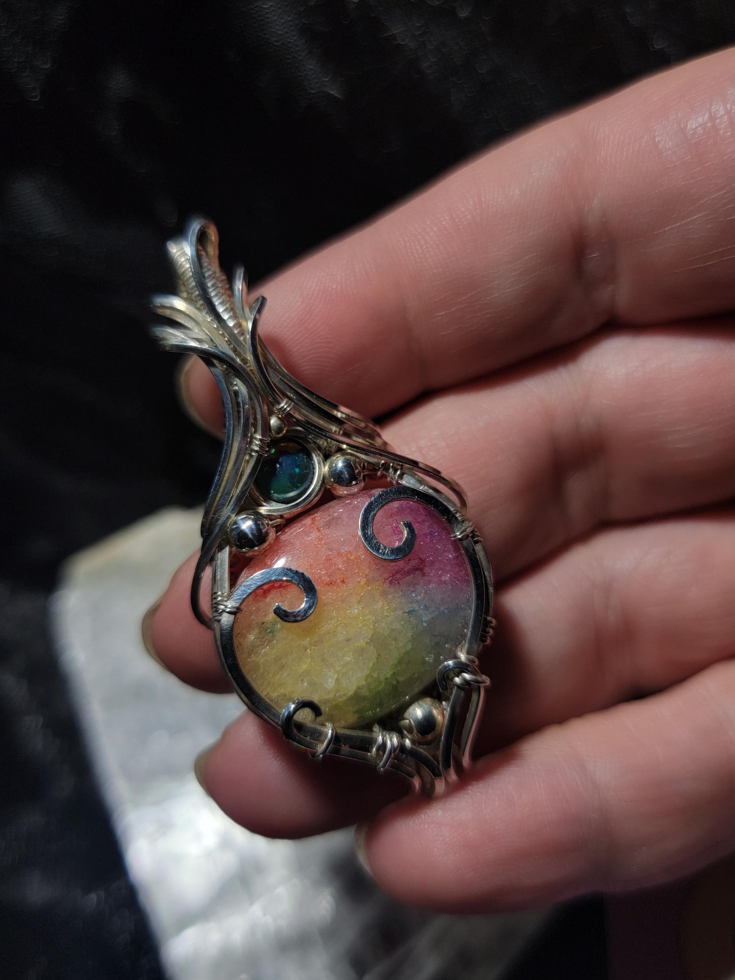 Rainbow Dyed Solar Quartz w/ Smoked Ethiopian Opal in Sterling Silver