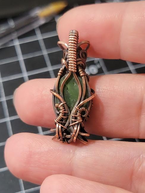 Chrome Diopside with Natural Ethiopian Opals in Antiqued Copper Hand Wrapped Pendant