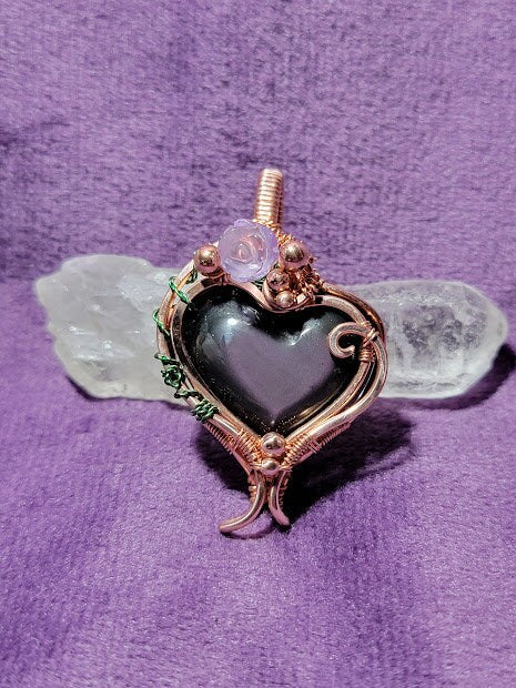 Purple Flash Rainbow Obsidian Heart w/ Amethyst Rose in Bright Copper Pendant