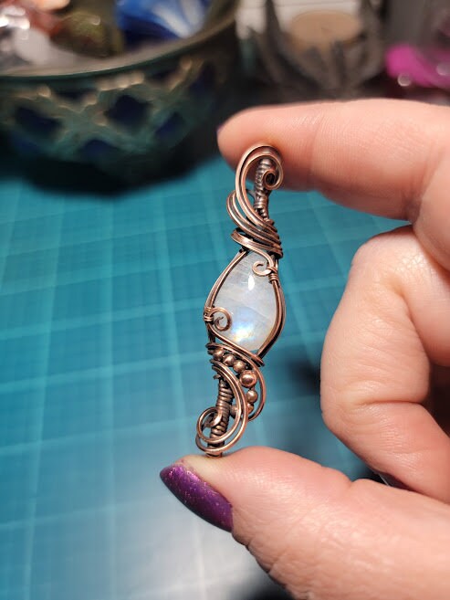 Rainbow Moonstone in Antiqued Copper Double Bail Pendant