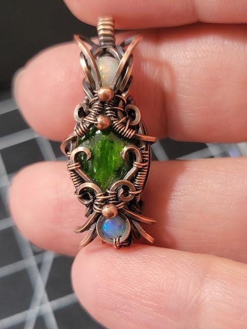 Chrome Diopside with Natural Ethiopian Opals in Antiqued Copper Hand Wrapped Pendant