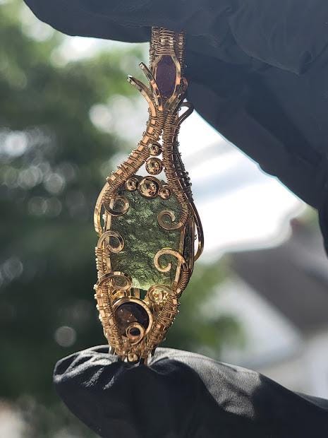 Genuine Rough Moldavite with Amethyst & Smoky Quartz Wrapped in 14k Gold Filled Wire Pendant Comes with 18" Chain