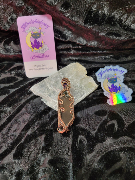 Divine Intuition Talisman - Raw Smoky Quartz Point w/ Genuine Rough Moldavite Chunk & Smooth Amethyst in Antiqued Copper Pendant