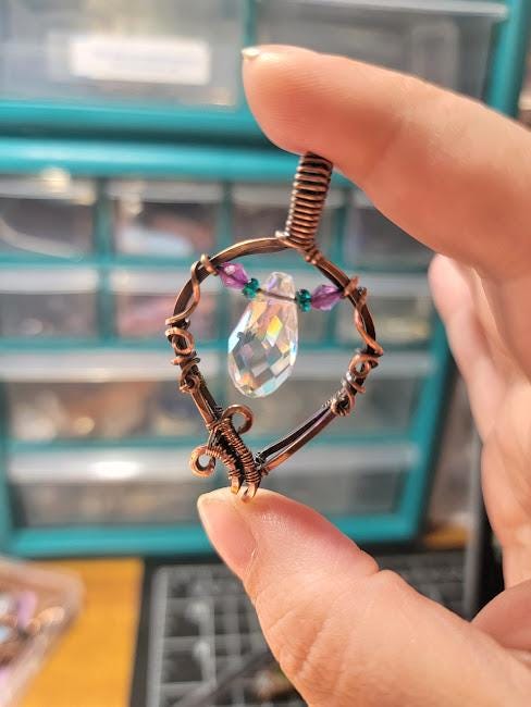 Antiqued Copper and Glass Sun-Catcher Wire Wrapped Pendant