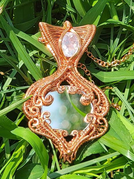 Wire Wrapped Mirror Pendant with Lavender Moon Quartz in Raw Copper with Handmade Amethyst & Moonstone Copper Chain - Double Sided Pendant