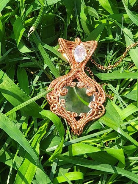 Wire Wrapped Mirror Pendant with Lavender Moon Quartz in Raw Copper with Handmade Amethyst & Moonstone Copper Chain - Double Sided Pendant