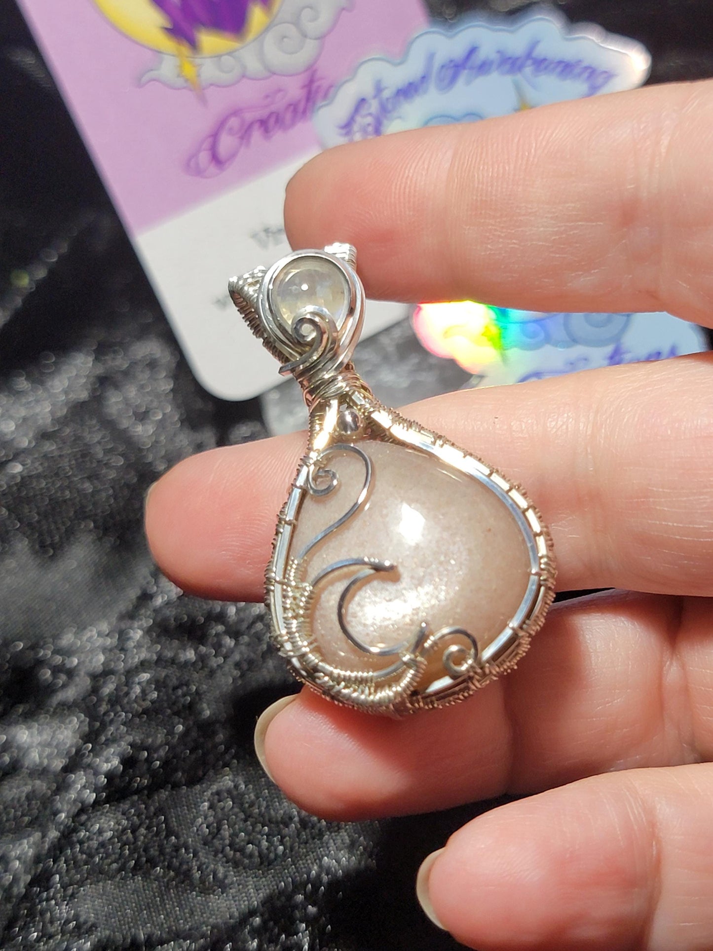 Peach Moonstone w/ Rainbow Moonstone in Sterling Silver