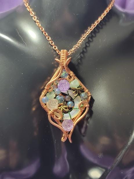 Mother of Pearl Crescent Moon w/ Assorted Glass Beads and Amethyst & Rose Quartz Roses in Untreated Raw Coppper