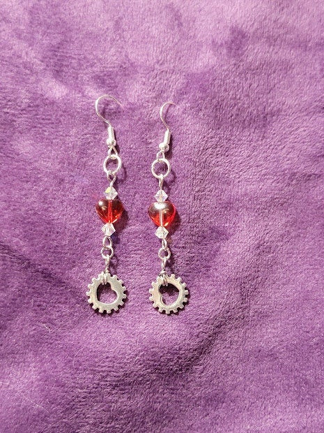 Dangly Hearts and Gears Earrings on Silver Plated Copper