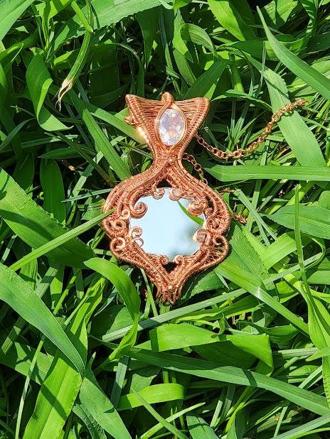 Wire Wrapped Mirror Pendant with Lavender Moon Quartz in Raw Copper with Handmade Amethyst & Moonstone Copper Chain - Double Sided Pendant