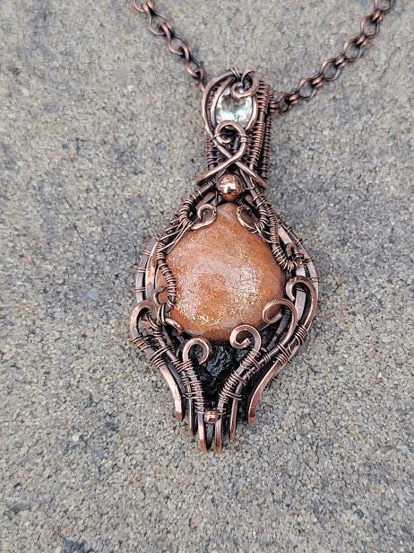 Sunstone w/ Moldavite & Libyan Desert Glass in Antiqued Copper Wire Wrapped Pendant Backed w/ Crescent Moon Detail