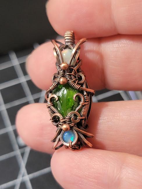 Chrome Diopside with Natural Ethiopian Opals in Antiqued Copper Hand Wrapped Pendant