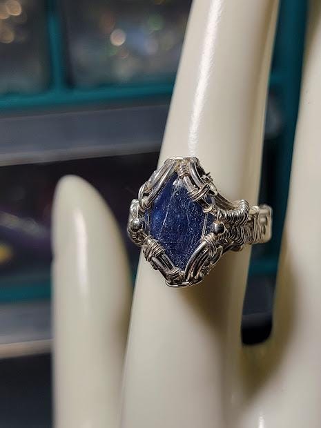 Blue Kyanite in Sterling Silver Wire Wrapped Band Size 7