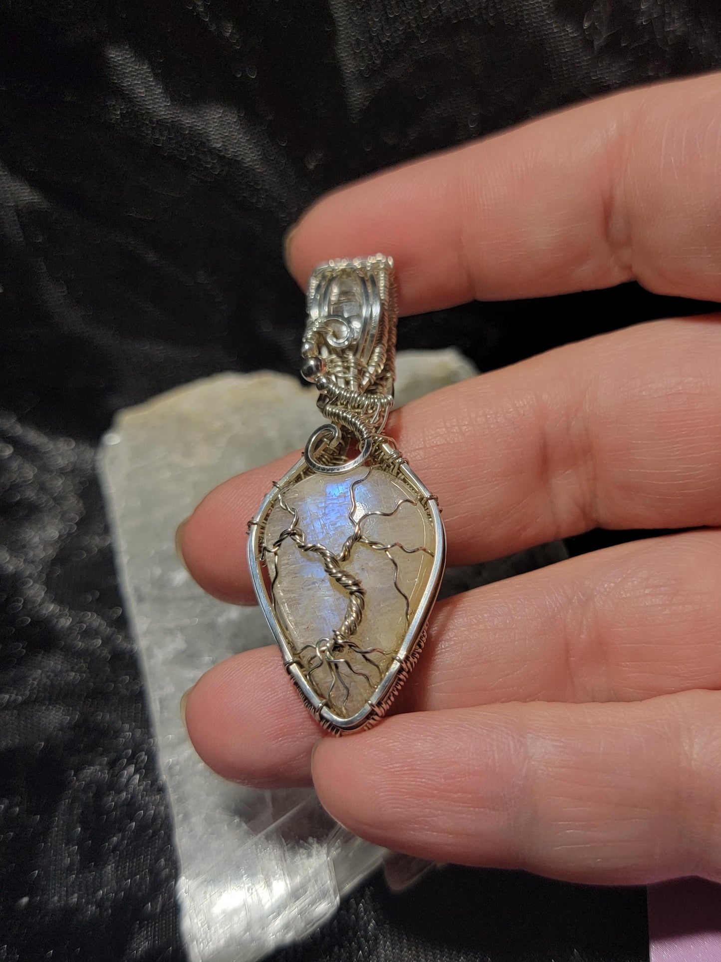 Flashy Belomorite w/Clear Quartz in Sterling Silver Tree Pendant