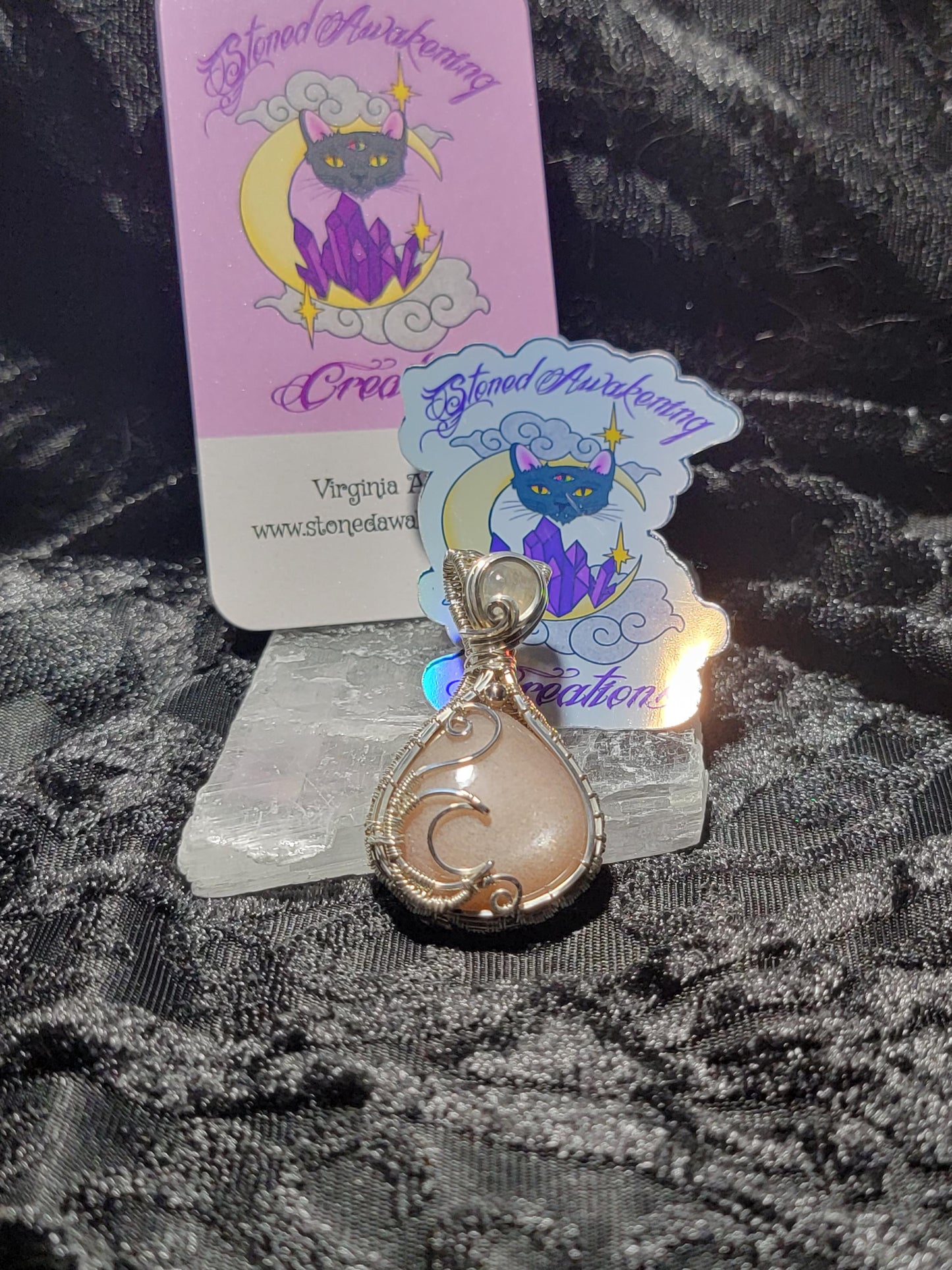 Peach Moonstone w/ Rainbow Moonstone in Sterling Silver