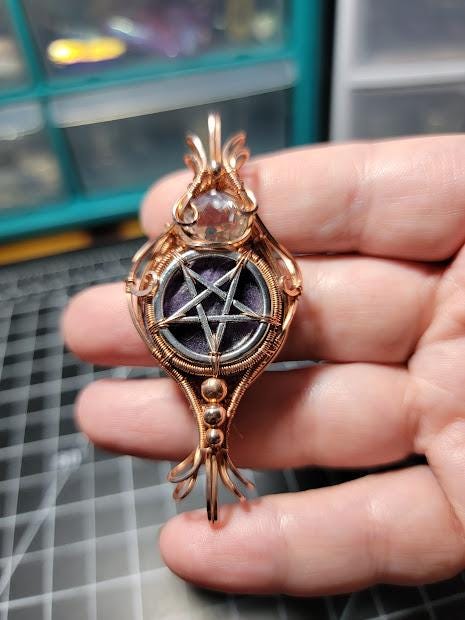 Lepidolite with Clear Quartz in Copper Wire Wrapped Double Bailed Pendant with Stainless Steel Pentacle