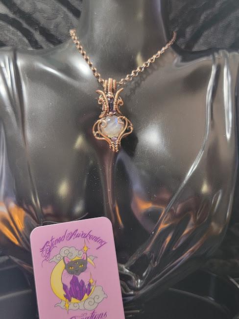 Moonstone with Amethyst in Antiqued Copper Hand Wrapped Pendant