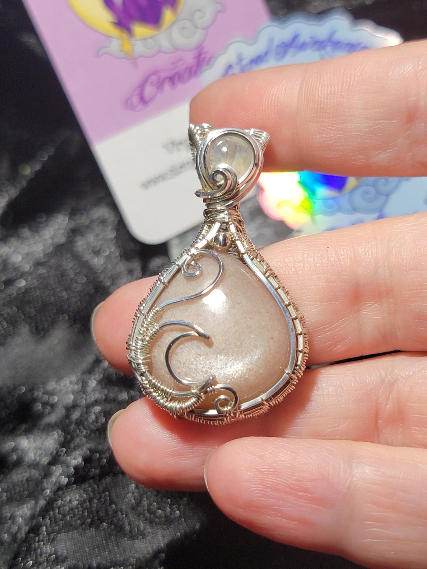 Peach Moonstone w/ Rainbow Moonstone in Sterling Silver