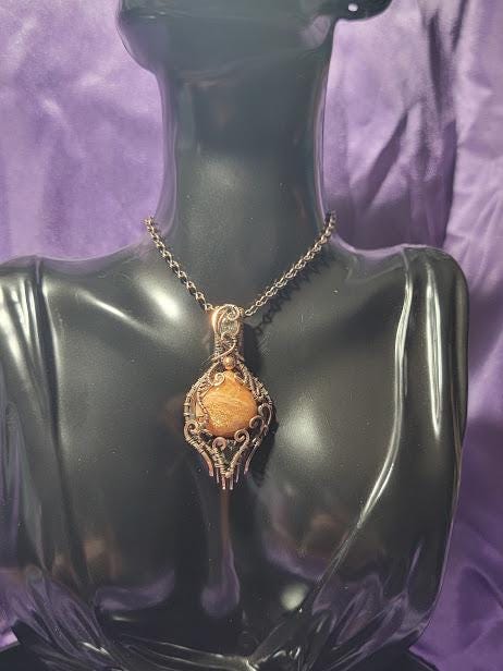 Sunstone w/ Moldavite & Libyan Desert Glass in Antiqued Copper Wire Wrapped Pendant Backed w/ Crescent Moon Detail