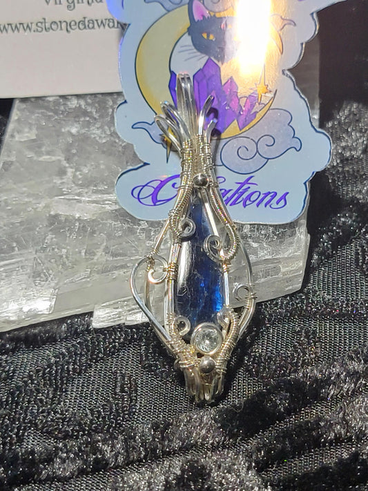 Blue Kyanite with Sky Blue Topaz in Sterling Silver Wire Wrapped Pendant