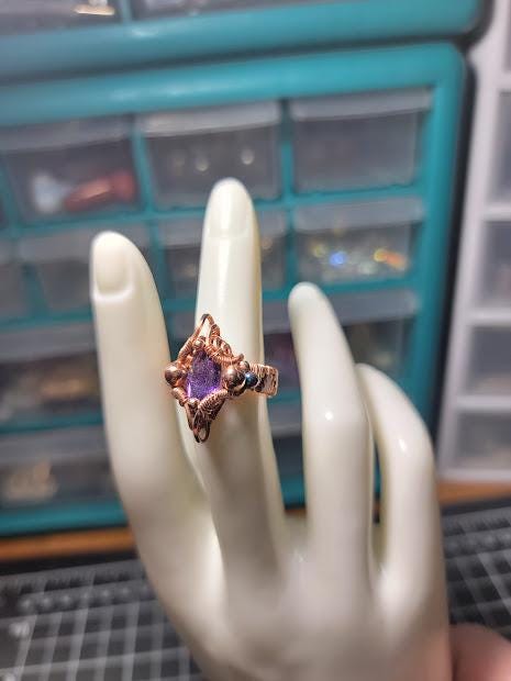 Amethyst in Wire Wrapped Copper Ring Band w/ Rainbow Hematite Sz. 6US