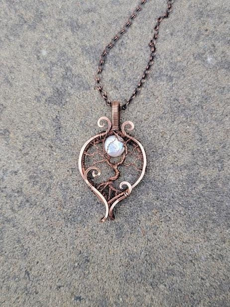 Antiqued Copper Tree of Life w/ Mother of Pearl Moon Hand Wrapped Pendant