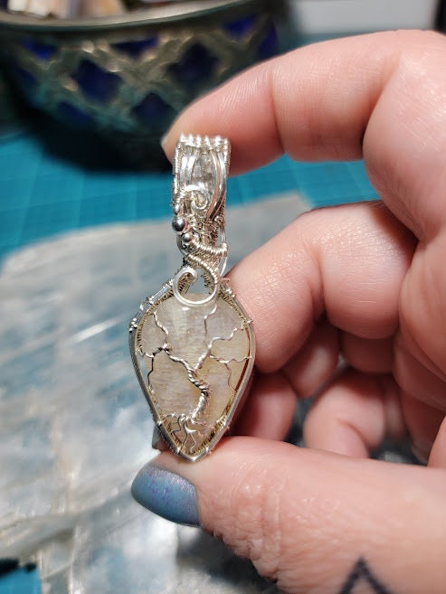 Flashy Belomorite w/Clear Quartz in Sterling Silver Tree Pendant