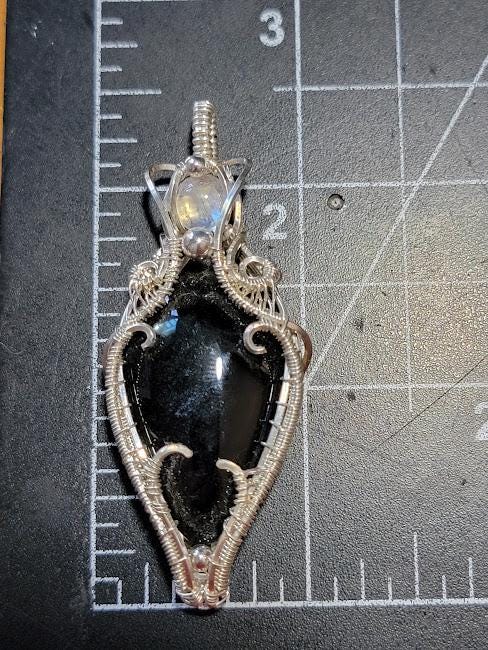 Silver Sheen Obsidian w/ Moonstone Accent in Sterling Silver Wire Wrapped Pendant