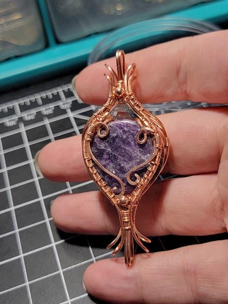 Lepidolite with Clear Quartz in Copper Wire Wrapped Double Bailed Pendant with Stainless Steel Pentacle