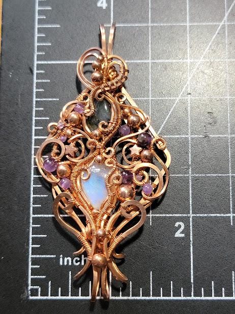 Double Bailed Moonstone and Labradorite Wire Wrapped Copper Pendant with Amethyst Accent Beads