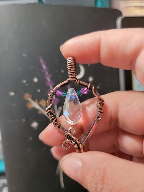 Antiqued Copper and Glass Sun-Catcher Wire Wrapped Pendant